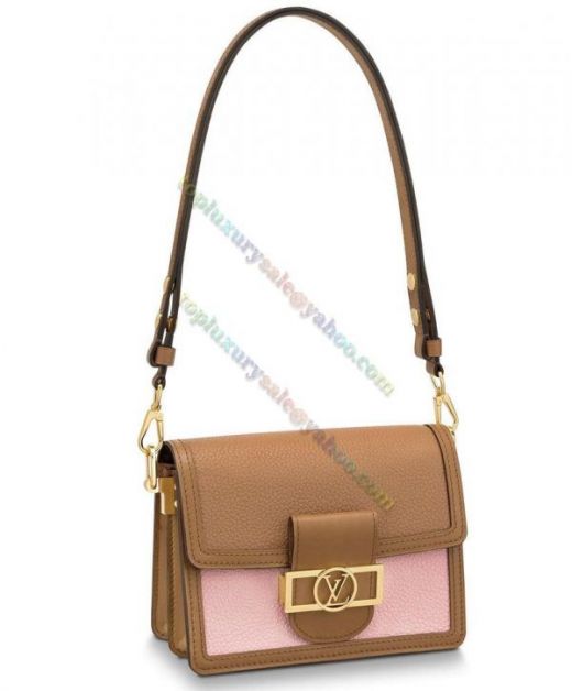  Louis Vuitton Dauphine MM Yellow Gold Hardware Flap Design Coffee & Pink Grained Leather Chain Shoulder Strap Women's Crossbody Bag 