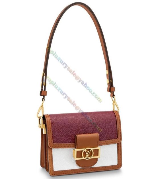 Louis Vuitton Dauphine Yellow Gold LV Buckle Flap Style Female Coffe & Purple Taurillon Leather White Front Detail Fashion Chain Handbag 