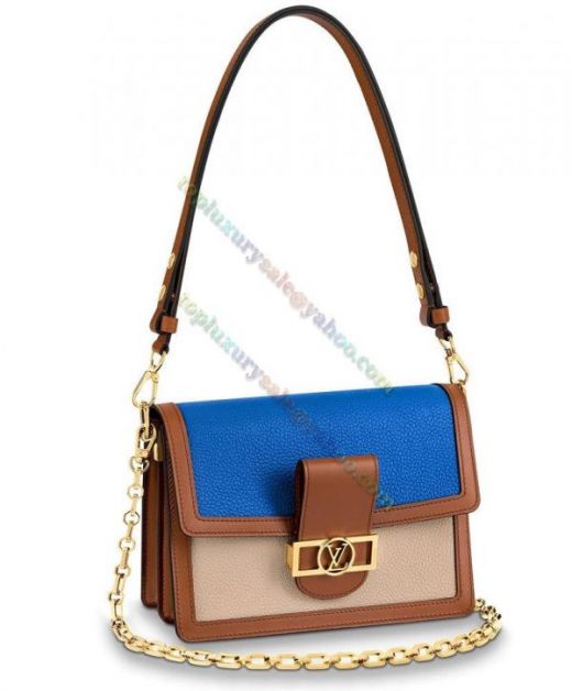 Knock-off  Louis Vuitton Yellow Gold Chain Strap Blue Flap Coffee & Beige Leather Patchwork Female Medium Crossbody Bag Online