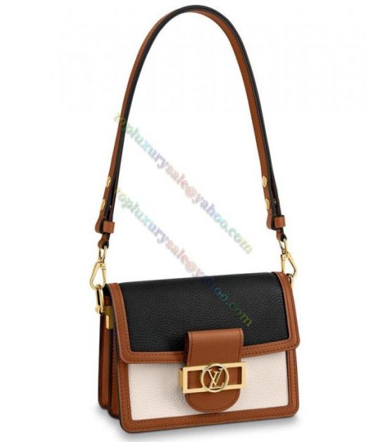  LV Dauphine White Front Chain Shoulder Strap Black & Coffee Grainy Leather Tree Color Patchwork Flap Crossbody Bag For Ladies