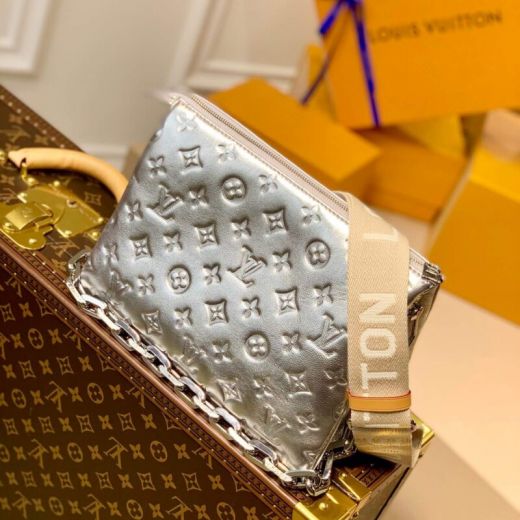  Louis Vuitton Coussin PM Silver Oval Chain Floral Print Pattern Light Yellow Canvas Strap Crossbody Bag For Stylish Women