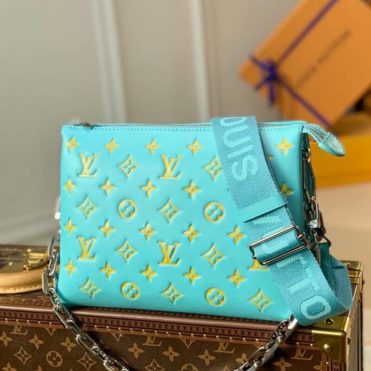  Louis Vuitton Yellow Monogram Embossing Siver Chain Strap Lady High End Tiffany Blue Puffy Leather Crossbody Bag 