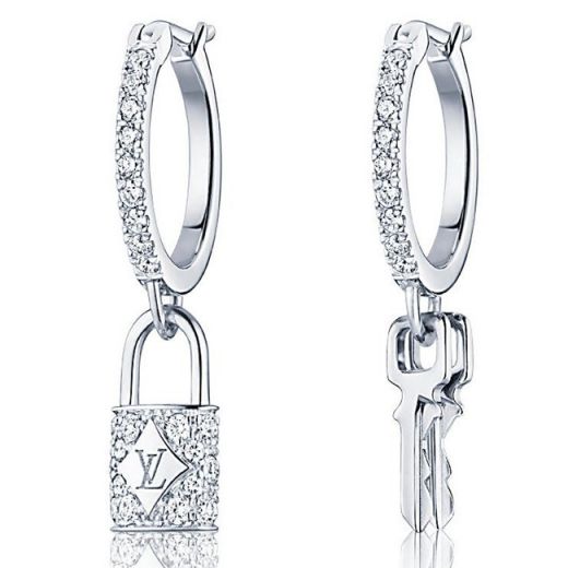 Classic Style Louis Vuitton Lockit Women White Gold Logo Pattern Asymmetric Lock & Key Pendant Paved Diamonds Hoop Earrings