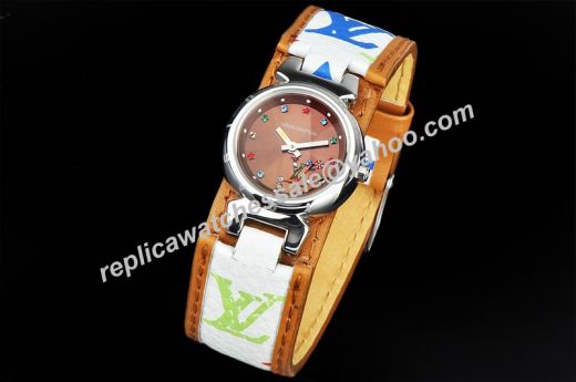 Luis Vuitton LV Tambour Brown Dial Colorful Diamonds White Leather Logo Band Women SS Watch