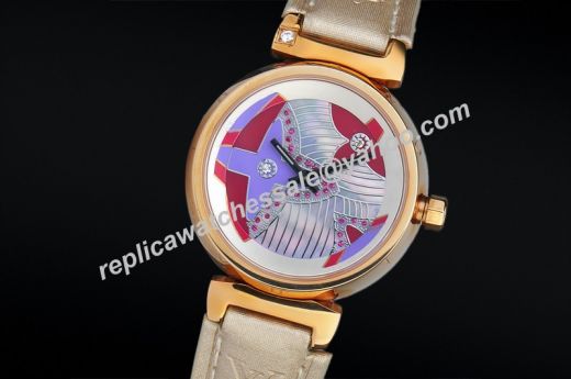 Women Popular Louis Vuitton Rose Gold Case Colorful Flower Dial Ladies Leather 28MM Tambour Lovely Watch 