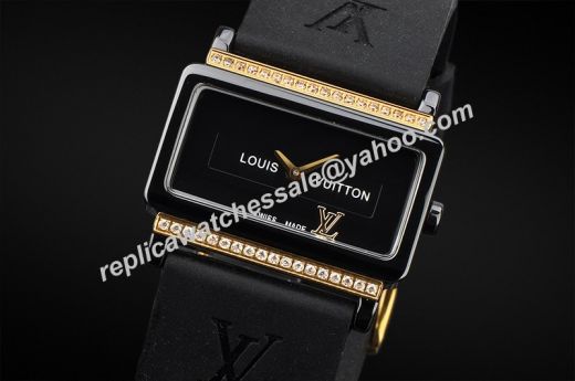 Louis Vuitton Emprise Black Dial Gold Diamonds Black Rubber Strap Rectangle Female Watch