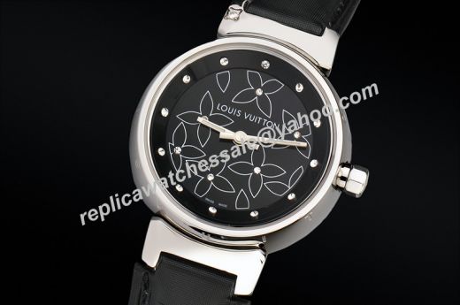 High Quality Louis Vuitton Tambour Lovely Flower Dial Diamonds Markers Leather Strap Ladies SS Watch 