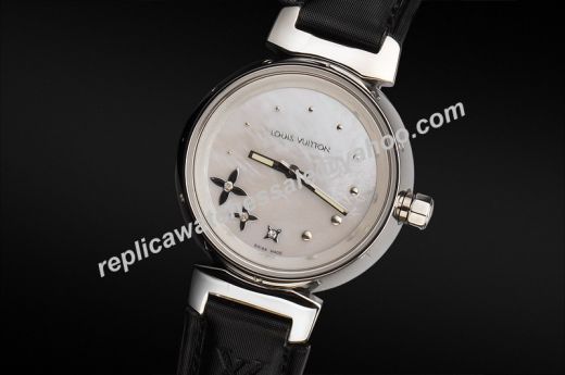 2020 Hot Selling Louis Vuitton Women Silver Dot Markers White Dial Black Leather Strap SS Tambour Lovely Watch