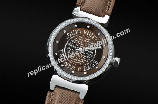 Women Popular Louis Vuitton Tambour Lovely Brown Dial Diamonds Bezel TRUNKS&BAGS SS Watch Online