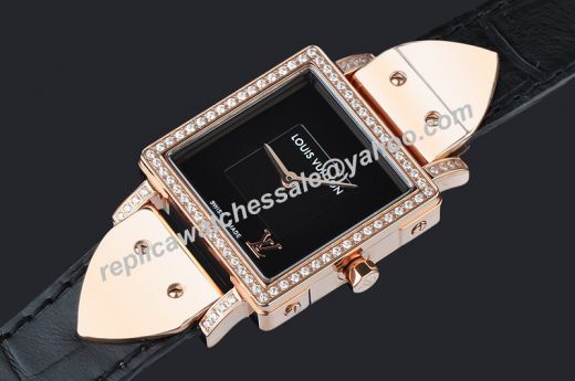 Hot Selling Louis Vuitton Emprise Rose Gold Case Leather Band Women Diamonds Watch Online