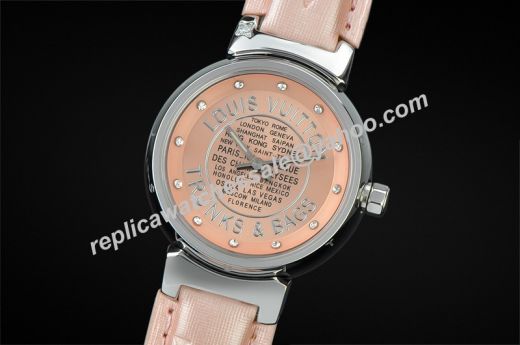 Louis Vuitton Tambour Lovely Pink Leather Strap&Dial Stainless Steel Case Ladies 28MM  Diamonds Watch 