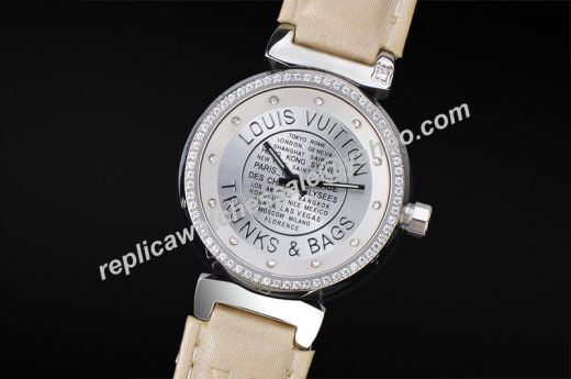Luxury Louis Vuitton Silver Dial Beige Leather Strap SS Case Tambour Lovely Diamonds Watch For Women