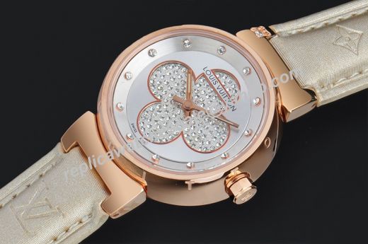 2020 Top Louis Vuitton Tambour Forever Rose Gold Case White Strap Women Diamonds Watch 