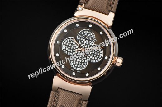 Best Quality Louis Vuitton Tambour Forever Rose Gold Case Black Dial Coffee Strap Diamonds Watch Lady