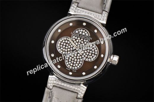 Winter Popular Louis Vuitton Tambour Forever Light Grey Strap Coffee Dial Women Quartz Diamonds Watch