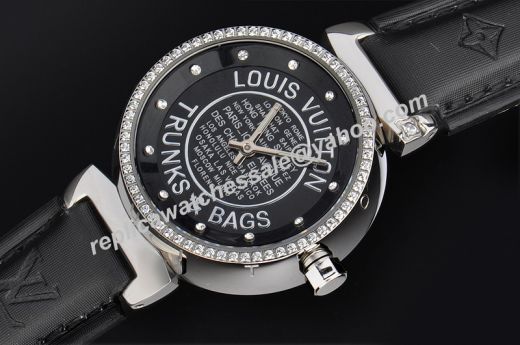 Louis Vuitton Tambour Lovely Fashion Letter Pattern Diamonds Bezel Leather Strap Women SS Black Watch HK 