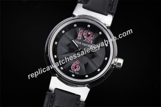 Top Sale Louis Vuitton Tambour Lovely Purple Diamonds Arabic Markers Black Wave Texture Dial Women SS Leather Watch 