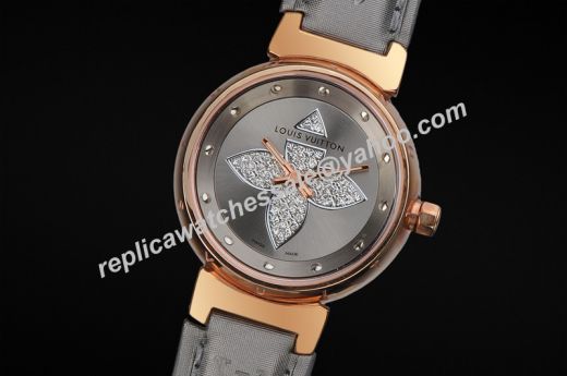2020 Hot Selling Louis Vuitton Tambour Forever Grey Dial Diamonds Flower Rose Gold Case Lady Watch 