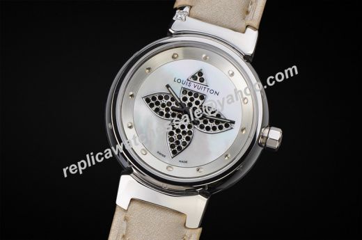 Most Fashion Women Louis Vuitton Tambour Forever Black Diamonds Pearlescent Pink Strap SS Watch