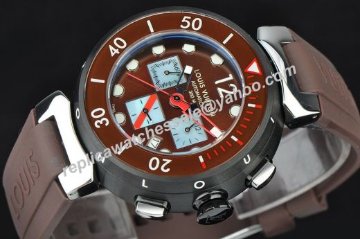 Men Louis Vuitton Diving II Brown Rubber Strap Red Pointer Luminous Chronograph Watch Uk