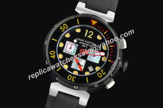Classic Louis Vuitton Diving II Yellow Marker Rubber Strap Men Chronograph Date Black Watch 