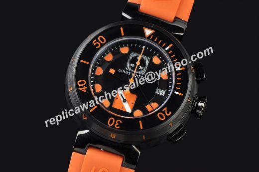 High Quality Louis Vuitton Diving II Orange Rubber Strap Men Black PVD Chronograph Date Watch