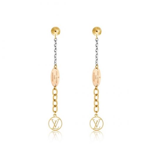Louis Vuitton Logomania Cutwork LV Pendant Two-tone Metal Chain Women Yellow Gold Drop Earrings Fashion  Jewellery 