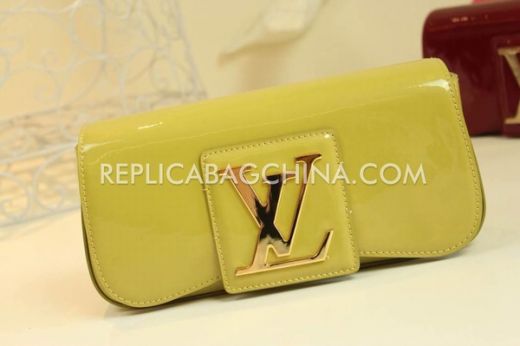 Spring Womens Louis Vuitton Fashion Yellow Patent Leather Golden Logo Buckle  Flap Clutch Bag