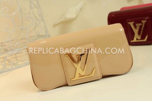 Louis Vuitton Ladies Most Fashion Apricot Patent Leather Yellow Gold LV-shaped Buckle Flap Clutch Wallet Online