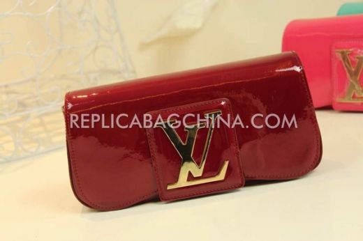 Party Style Louis Vuitton Big Yellow Gold LV Buckle Red Patent Leather Long Flap Evening Bag  