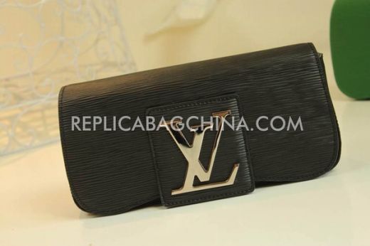 Celebrity Style Louis Vuitton Large LV Logo Buckle Black Leather Long Flap Evening Bag For Womens 