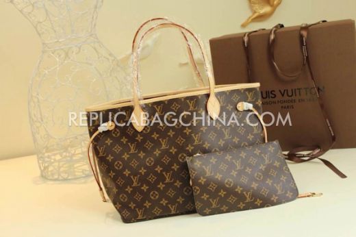 High Quality Louis Vuitton Monogram Apricot Detail Ladies Brown Calfskin Leather Neverfull PM Price List M41245
