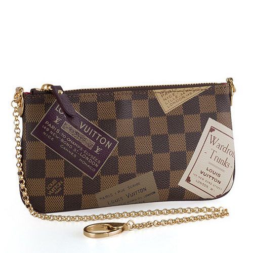 Louis Vuitton Damier Fashion Logo Pattern Pochette Design Link Chain Strap Ladies Brown Canvas Handbag