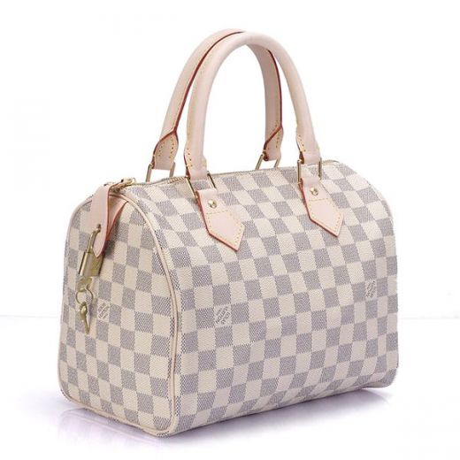 Nice Price Louis Vuitton  SPEEDY Damier Azur Canvas Checkered-pattern Tote Bag  Golden Lock