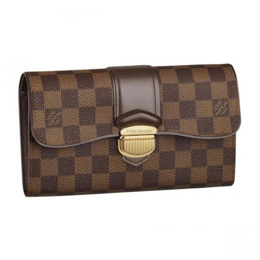  Louis Vuitton Damier Leather Band & Golden Buckle Design Ladies Brown Canvas Long Flap Wallet 