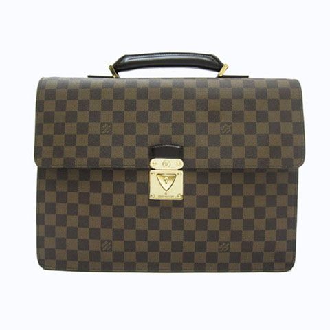 Men's Top Sale Louis Vuitton Damier Black Leather Handle Golden Press Buckle Brown Canvas Flap Briefcase 