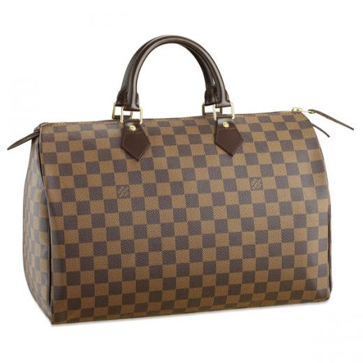 Cheap Louis Vuitton Dimer Rounded Top Handles Yellow Gold Hardware Ladies Brown Leather Boston Bag 