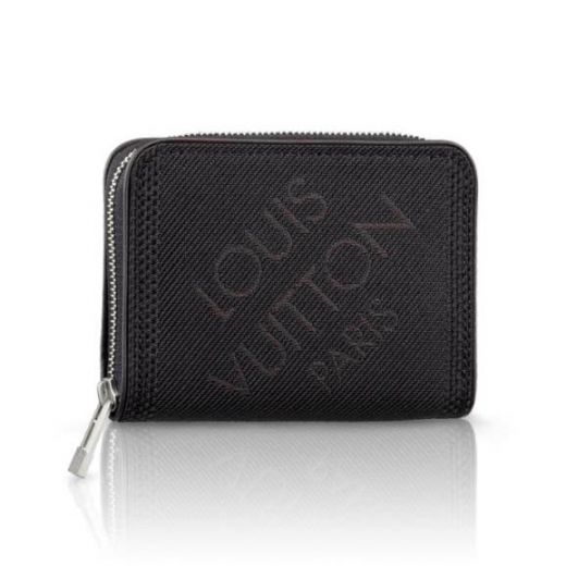 New Louis Vuitton Damier Geant Logo Embroidery Mens Black Canvas Short Silver Zipper Wallet 
