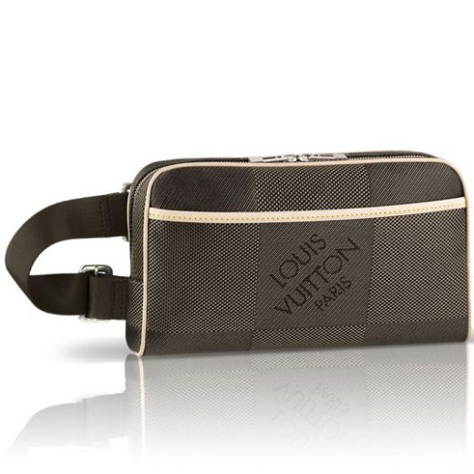 Unisex Louis Vuitton Damier Geant Silver Double Zipper Closure Beige Leather Detail Khaki Canvas Belt Bags