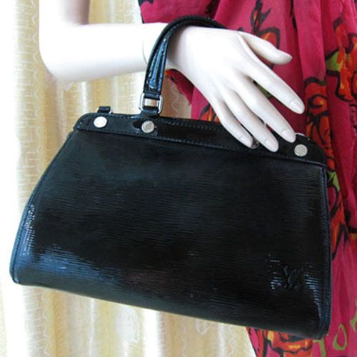 Women's Classic Louis Vuitton Brea Epi Leather Flat Top Handles Silver Studs Detail Zipper Closure Black Tote Bag