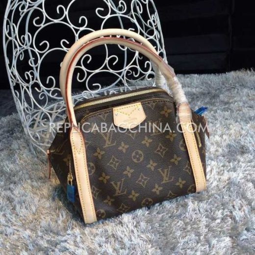 Louis Vuitton Three Compartments Golden Zipper Opening Beige Handles Womens Brown Leather Monogram Tote Bag 