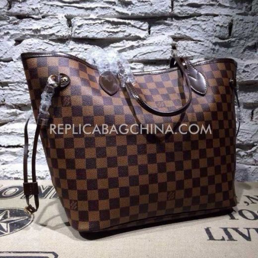 Top Sale Louis Vuitton Neverfull Narrow Top Handles Logo Damier Pattern Womens Brown Calfskin Tote Bag 