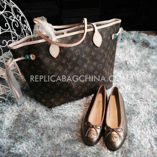 High Quality Louis Vuitton Monogram Apricot Edging Brown Leather Shopping Bag For Womens Neverfull Online