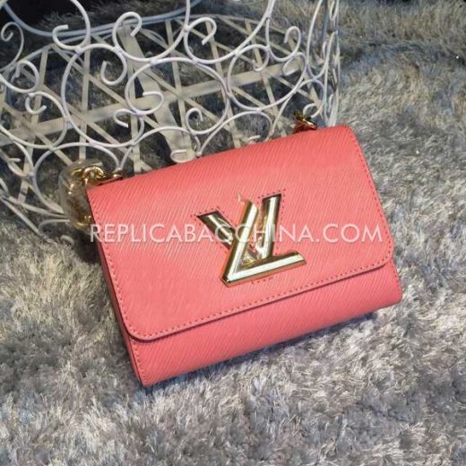 LV Twist High End Pink Calfskin Leather Large LV Buckle Yellow Gold Link Chain Shoulder Strap Ladies Crossbody Bag