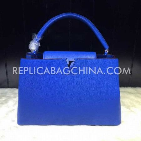 Full Fashion Louis Vuitton Capucines Flower Design Snap Button Two Compartment Ladies Blue Grainy Leather Tote Bag