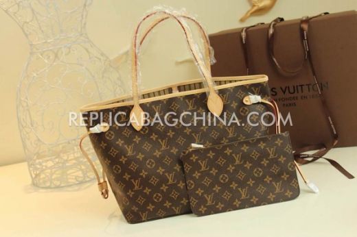 Cheap Louis Vuitton Neverfull Brown Monogram Leather Striped Lining Beige Detail Womens Tote Bag In USA 