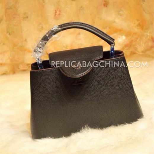 Top Sale Louis Vuitton Capucines Flaring Slip-over Flap Flower-shaped Buckle Black Grained Leather Tote Bag For Womens