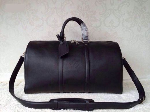 Good Price Louis Vuitton Keepal l Band Detail Silver Double Zipper Opening Logo Pattern Black Calfskin Travelling Bag