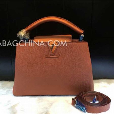 Womens Classic Louis Vuitton Capucines Single Top Handle Silver Hardware Ladies Brown Grainy Leather LV Motif Totes 