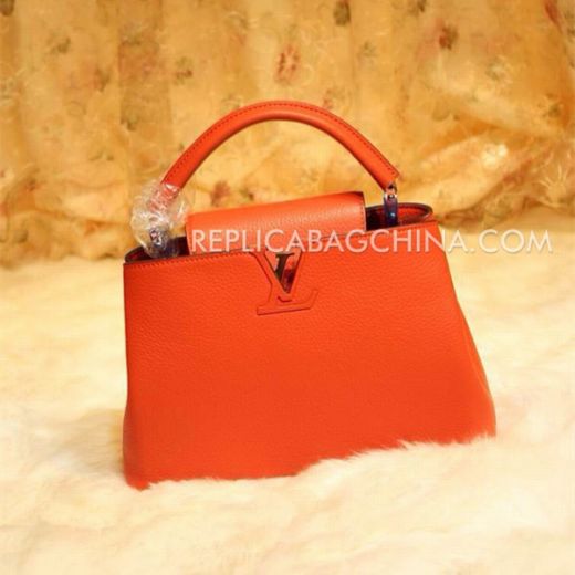 Latest Louis Vuitton Capucines LV Detail Single Top Handle Orange Calfskin Leather High End Tot Bag For Womens